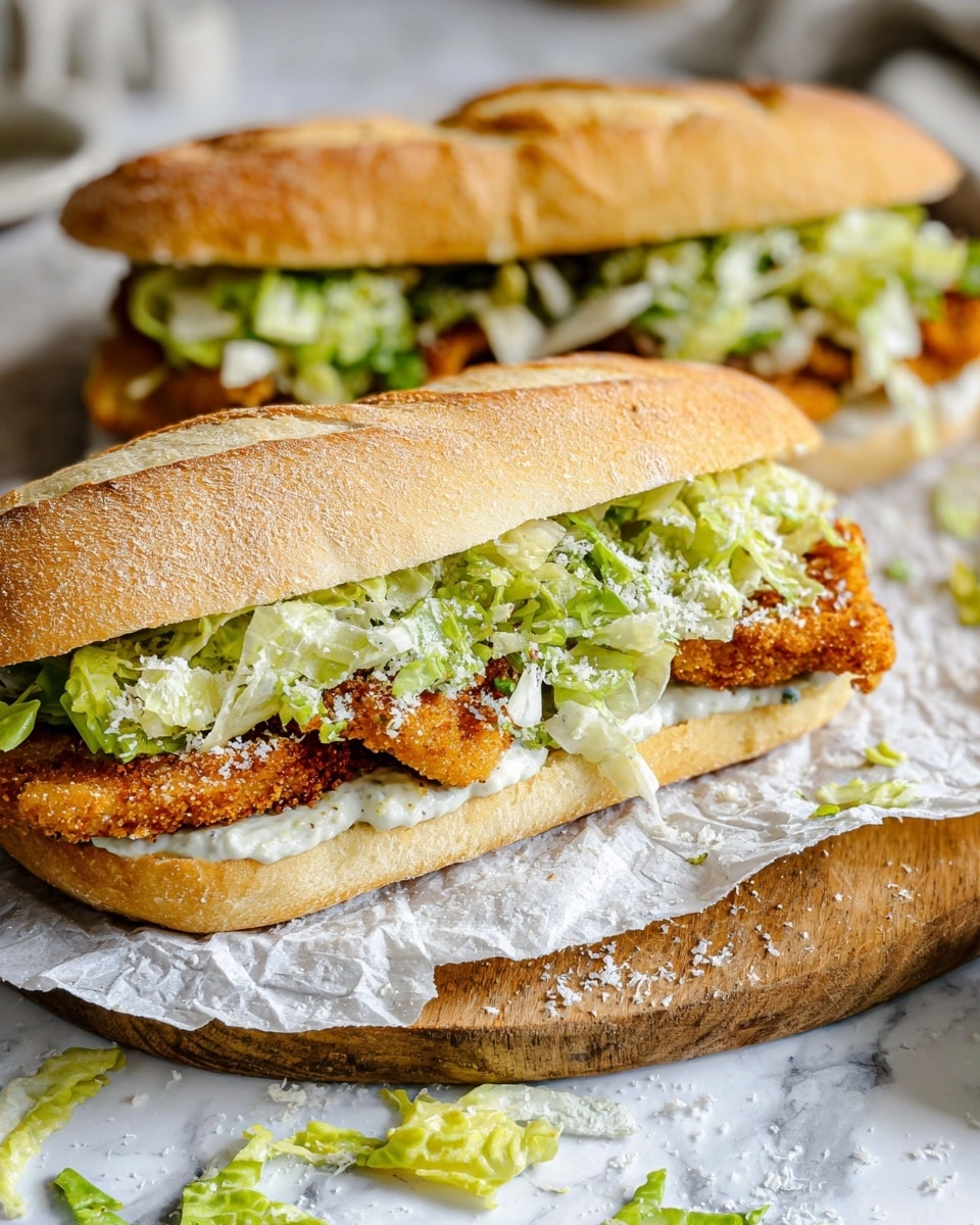 The image shows two sandwiches made with long, light golden brown, soft bread rolls on a wooden board with crumpled white paper underneath. Each sandwich has three layers visible: a bottom layer of creamy spread on the bread, a middle layer of crispy, golden-brown fried chicken fillet with a textured and crunchy surface, and a top layer of fresh, bright green shredded lettuce mixed with a white creamy sauce. Some grated white cheese is sprinkled over the chicken and lettuce. Small pieces of lettuce are scattered around the board on a white marbled surface in the background. Photo taken with an iphone --ar 4:5 --v 7