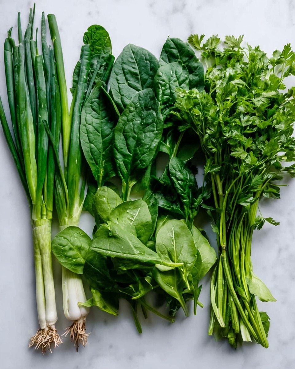 A set of fresh green vegetables arranged in a row on a white marbled surface: on the left, a bunch of long, slender green onions with white bases; next to them, several large, dark green spinach leaves with visible veins; to the right of the spinach, a group of bright green cilantro stems and leaves in the middle; finally, on the far right, a bunch of parsley with light to medium green leaves and delicate stems. The overall look is fresh and vibrant with different shades of green photo taken with an iphone --ar 4:5 --v 7