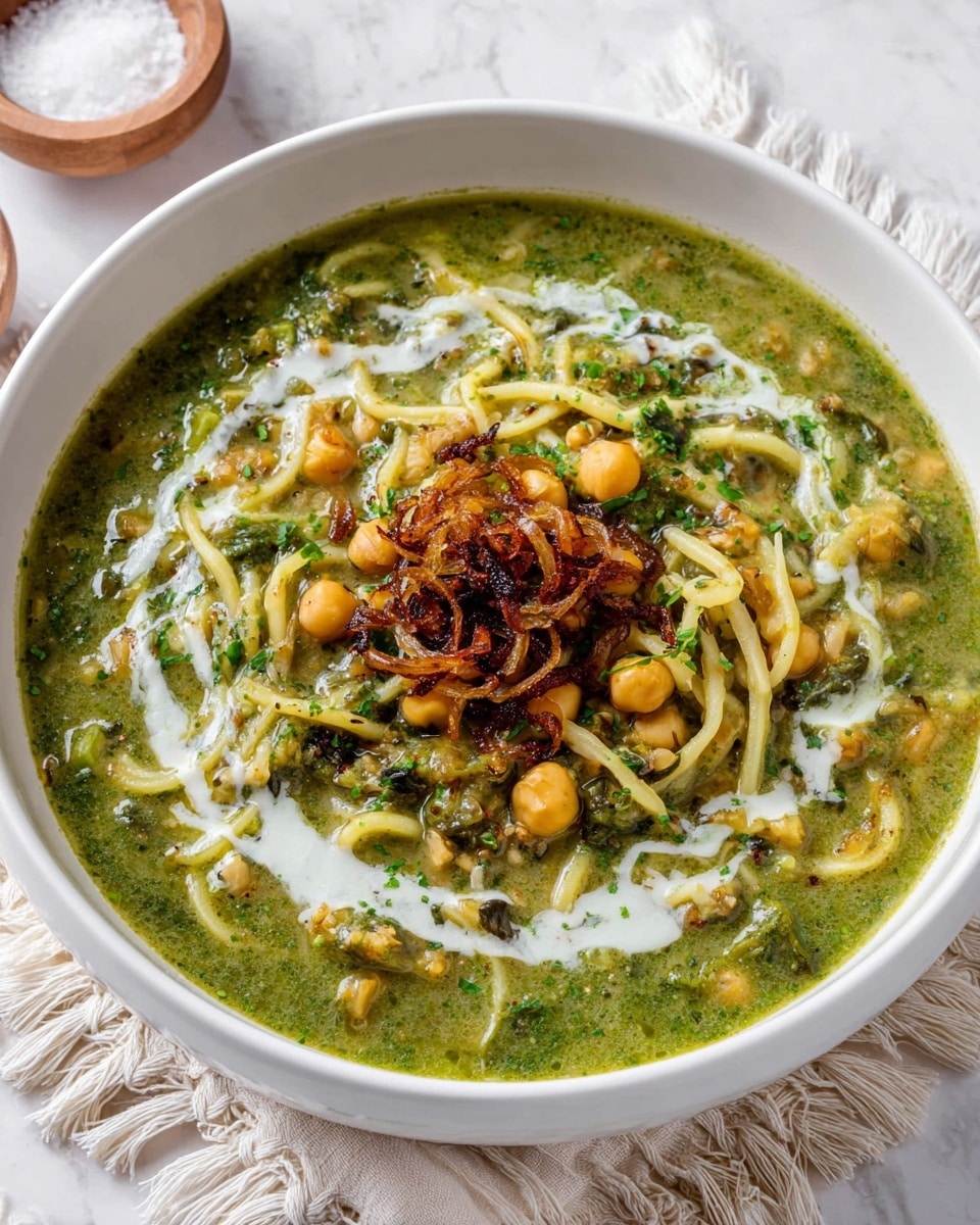 A white bowl filled with a thick green soup that holds visible layers of creamy yogurt swirled around the center, topped with a small mound of caramelized golden-brown onions. Inside the soup are scattered yellow chickpeas, pale green lentils, and pale yellow noodles mixed evenly throughout. The soup has a slightly oily sheen and some green leafy bits that add texture. The bowl sits on a white marbled surface with a soft off-white fringed cloth and a small white and tan bowl of salt visible in the background. Photo taken with an iphone --ar 4:5 --v 7