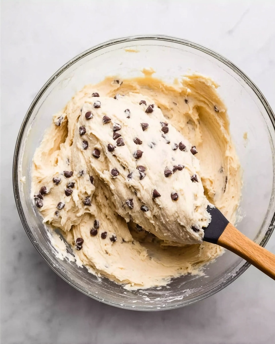 A clear glass bowl filled with thick, creamy light beige dough mixed with small dark chocolate chips scattered throughout. A wooden spoon with a black silicone spatula tip is partially dipped into the dough, coated evenly with it. The bowl is placed on a white marbled surface. photo taken with an iphone --ar 4:5 --v 7