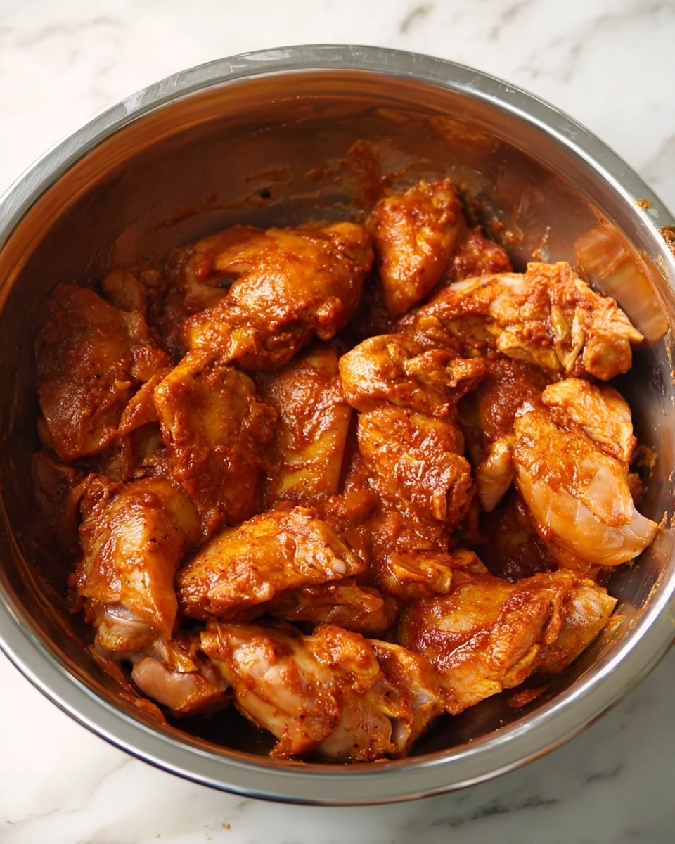 A large silver metal bowl is filled with several pieces of raw chicken coated evenly in a thick, reddish-brown sauce mixed with visible dry spices. The pieces are layered randomly, some skinless, and the sauce gives them a shiny, slightly wet surface texture. The bowl sits on a white marbled surface. Photo taken with an iphone --ar 4:5 --v 7