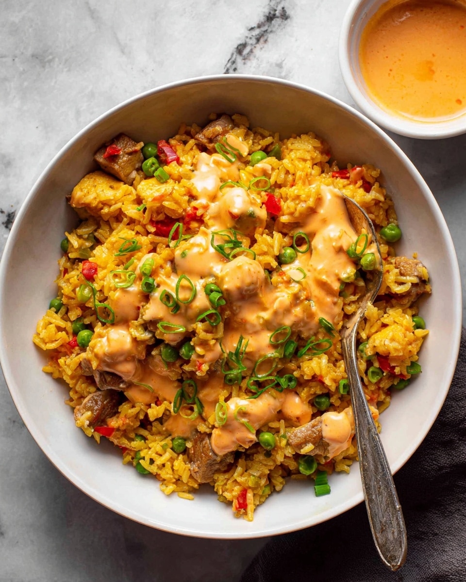 A white bowl filled with yellow rice mixed with small green peas, diced red peppers, and chunks of cooked meat, all topped with a light orange creamy sauce drizzled unevenly over the top. Thin slices of green onions are scattered on the dish, adding fresh green accents. A silver spoon rests inside the bowl, partially covered by the rice. The bowl sits on a white marbled textured surface next to a small round container holding more of the same orange sauce, creating a cozy and warm food presentation. photo taken with an iphone --ar 4:5 --v 7
