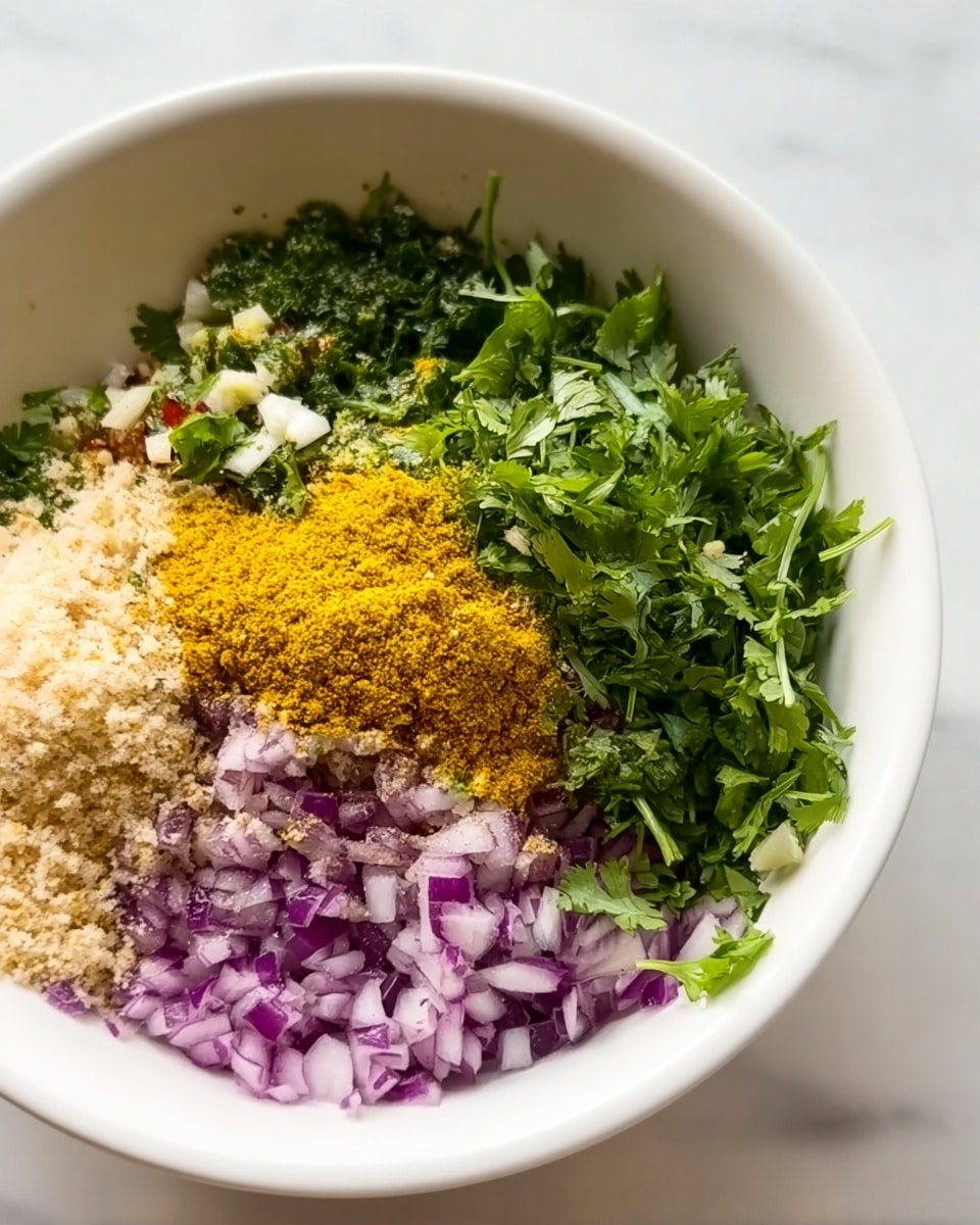 A white bowl holds several ingredients layered side by side, showing distinct colors and textures. At the bottom front, there is a layer of finely chopped purple onions, next to a steam of small, minced green herbs like cilantro filling the left side. In the middle sits a pile of light beige breadcrumbs with a crumbly texture. A bright yellow pile of powdery turmeric spice is placed on top of some green shredded leaves, with some finely chopped garlic visible nearby. The bowl sits on a white marbled surface with soft lighting from the top left. A woman's hand is pouring a spice into the bowl on the right side. photo taken with an iphone --ar 4:5 --v 7