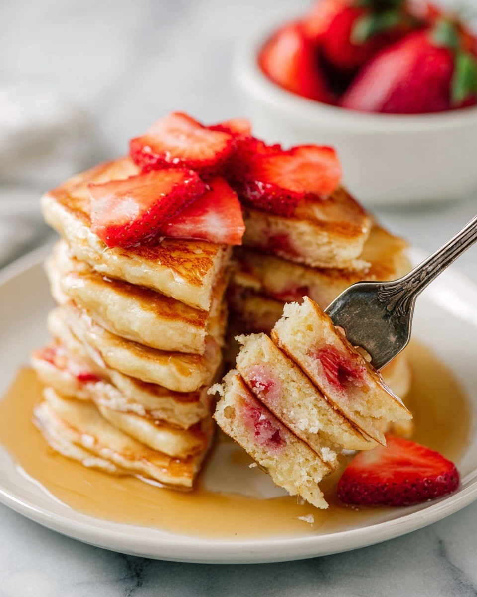 A stack of six golden brown pancakes sits on a white plate over a white marbled surface, with syrup pooling at the base. The pancakes have soft, fluffy layers showing bits of red strawberry inside. A vintage fork is pressing down on the side of the stack, lifting a bite-size portion. Fresh, bright red strawberry slices are scattered on top and around the pancakes, adding vibrant color. In the background, a white bowl with whole strawberries is slightly blurred. Photo taken with an iphone --ar 4:5 --v 7
