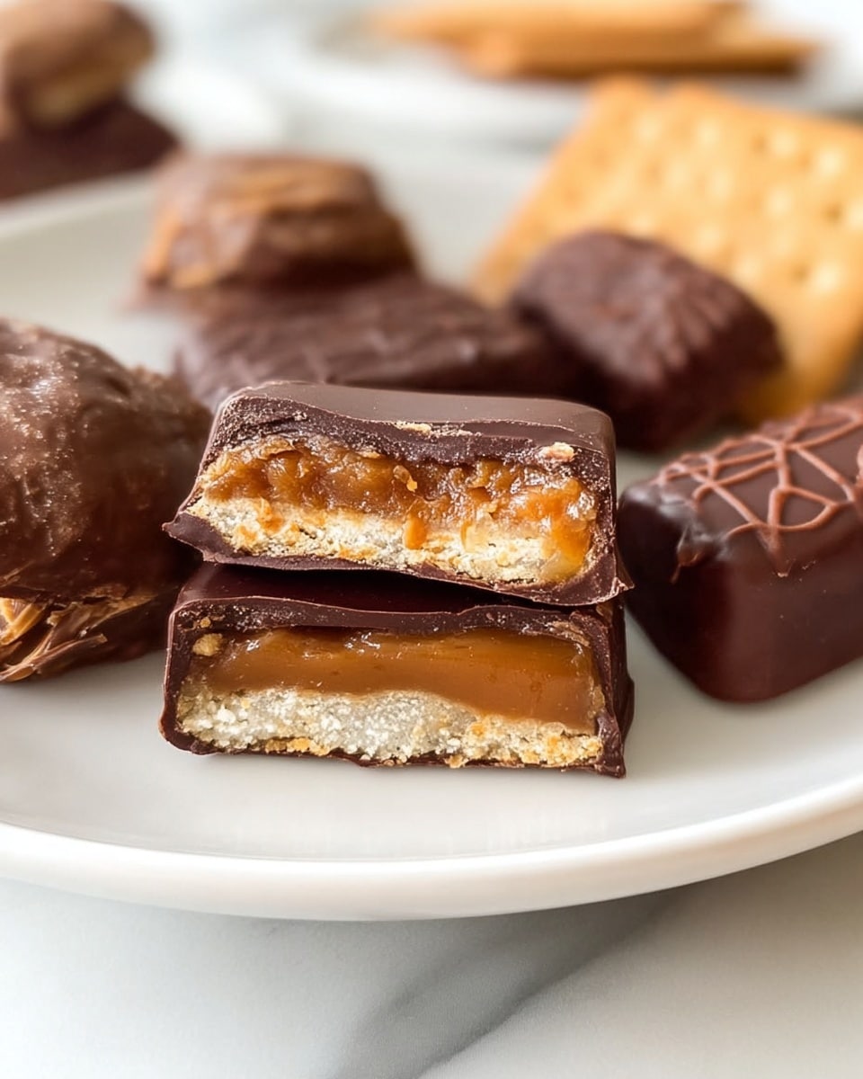 The image shows a white plate on a white marbled surface holding several chocolate-coated treats. One piece is cut in half in the front center, showing three layers: a thin dark chocolate top with a smooth texture, a thick middle layer of golden-brown caramel with a slightly grainy look, and a light-colored crisp base with a rough texture. Other whole chocolate pieces with different shapes and textured patterns are scattered around the plate, along with rectangular crispy crackers providing contrast in color and texture. The scene is clear and bright, with sharp focus on the cut piece. Photo taken with an iphone --ar 4:5 --v 7