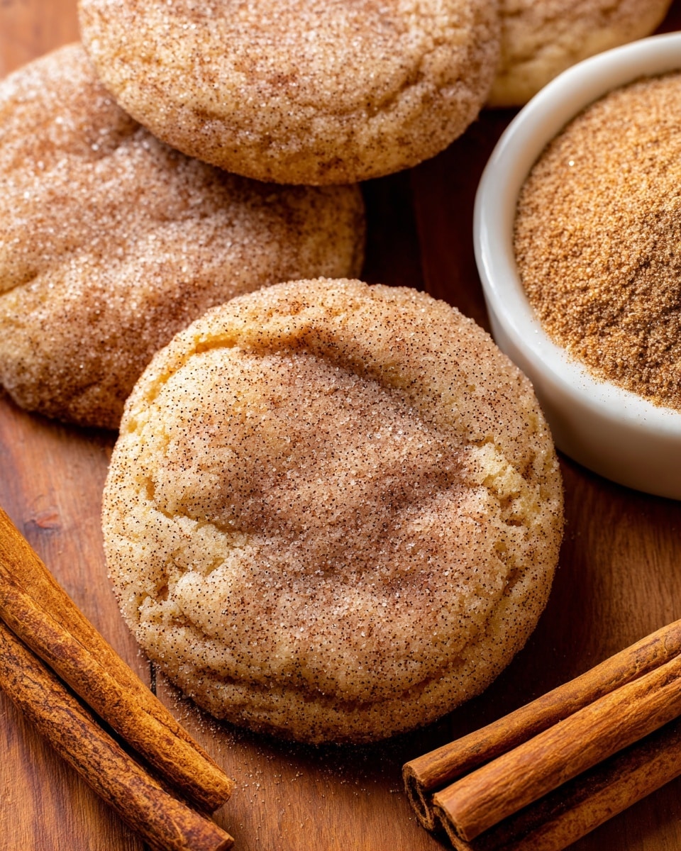 The image shows soft, thick round cinnamon sugar cookies with a grainy sugar and cinnamon coating that creates a light brown sparkly layer on the surface. The cookies have gentle cracks and folds that add texture across their tops. In the lower part of the image, there are several cinnamon sticks lying side by side with a warm brown color and rough texture. To the upper right, a white ceramic bowl holds more cinnamon sugar mix with a similar grainy texture. The cookies and bowl rest on a smooth wooden surface. photo taken with an iphone --ar 4:5 --v 7