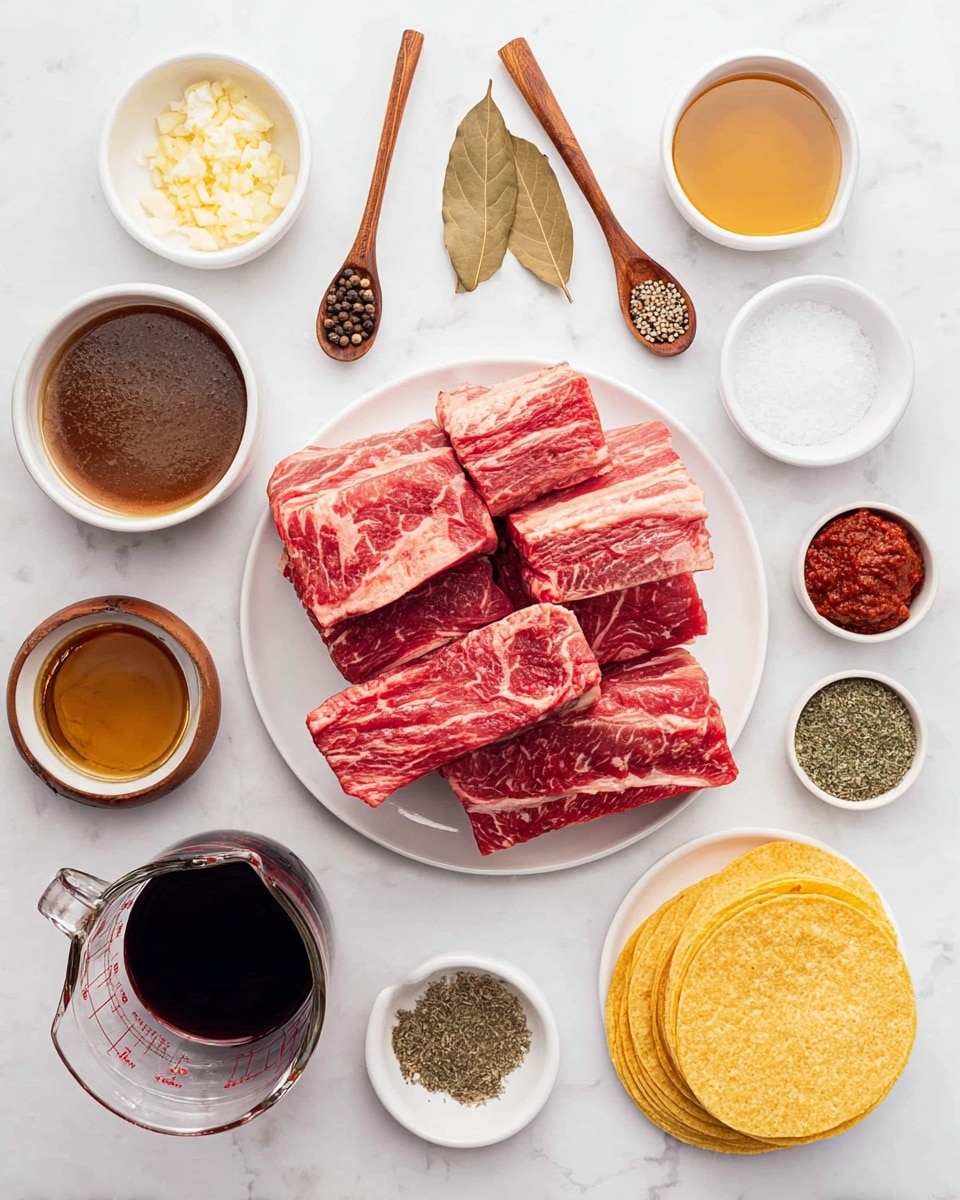 The image shows ingredients neatly arranged on a white marbled surface. At the center top, a white plate holds several thick, raw beef short ribs with a rich red color and white marbling. Surrounding the plate are small white bowls and spoons holding various ingredients: minced garlic in a spoon at the top left, black pepper in a spoon next to it with a wooden handle, dried bay leaves placed flat to the left side, a white bowl with a dark brown sauce below the bay leaves, another white spoon with thick red chili paste beneath the ribs, a small wooden bowl filled with white salt to the right, and a white cup with black ground pepper beside the salt. To the bottom left sits a large glass measuring cup filled with dark broth, and nearby is a small white bowl with a golden liquid, likely oil or vinegar. A neat stack of yellow corn tortillas is placed slightly to the bottom right. A small white bowl of green dried herbs completes the assortment. All the items are spaced evenly, creating a clean and organized look, photo taken with an iphone --ar 4:5 --v 7