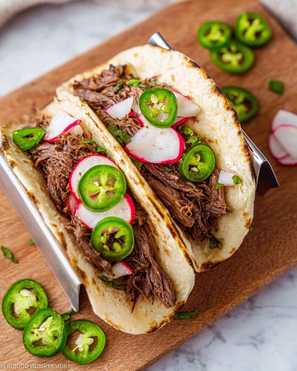 Two soft flour tortillas rest in a silver taco holder on a wooden board over a white marbled surface. Each tortilla is filled with a layer of shredded brown meat, topped with small green jalapeño slices and quartered white radish pieces with red edges. A few slices of jalapeño are scattered on the board around the tacos, adding fresh green highlights. The tortillas show light toasted marks along the edges. photo taken with an iphone --ar 4:5 --v 7