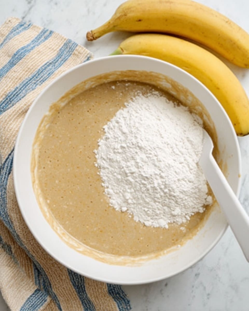 A white bowl on a white marbled surface contains two layers of batter; the bottom layer is a smooth, light brown mixture while the top layer is a mound of white flour resting on the brown batter. Next to the bowl to the right, two yellow bananas are placed, and a striped towel with blue and beige lines lies on the left side. A white spatula is positioned on the right edge of the bowl. photo taken with an iphone --ar 4:5 --v 7