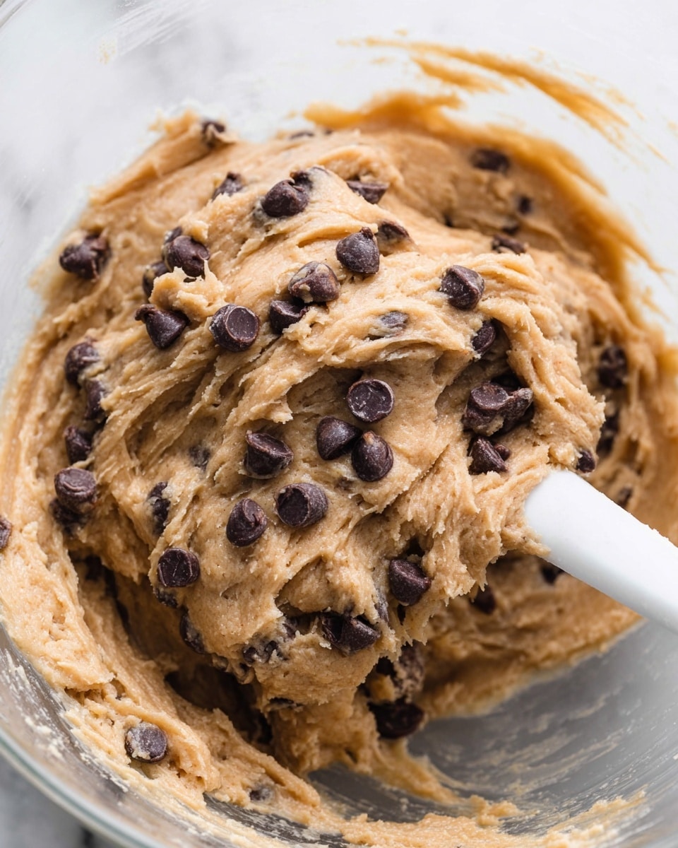 This image shows a close-up of thick, creamy light brown cookie dough full of dark brown chocolate chips. The dough has a smooth but dense texture with soft folds and small bits of darker specks throughout, and it is held in a clear mixing bowl against a white marbled surface. A white spatula is partially visible at the bottom, mixing through the dough with a woman's hand gripping it. The chocolate chips are scattered evenly inside the dough, some slightly embedded and others resting on the surface, creating a rich contrast between the dough and the chips. Photo taken with an iphone --ar 4:5 --v 7