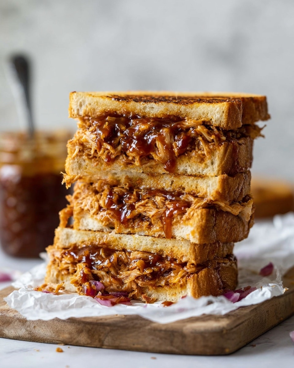 A close-up of a stack of three thick sandwich pieces, each made with toasted golden-brown bread. Between the bread layers is a filling of shredded texture in warm brown color, coated with a shiny, dark brown sauce that looks sticky and flavorful, with some small bits of red onion visible. The sandwich stack is placed on crumpled white paper on top of a wooden board, with a blurred jar of sauce and spoon in the soft-focus background, all against a white marbled surface. Photo taken with an iphone --ar 4:5 --v 7