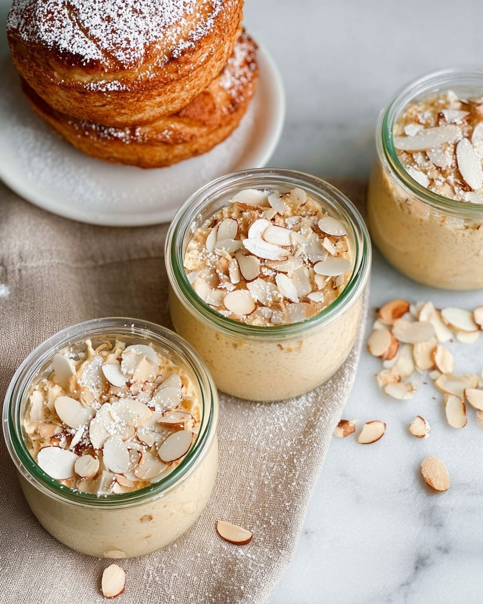 Three small glass jars filled with a beige creamy mixture topped with white and light brown sliced almonds and a light dusting of powdered sugar. The jars rest on a beige textured cloth on a white marbled surface. To the top left, two stacked golden-brown pastries with a light dusting of powdered sugar and some scattered sliced almonds sit directly on the white marbled surface. The overall feel is light and cozy with soft natural lighting. photo taken with an iphone --ar 4:5 --v 7