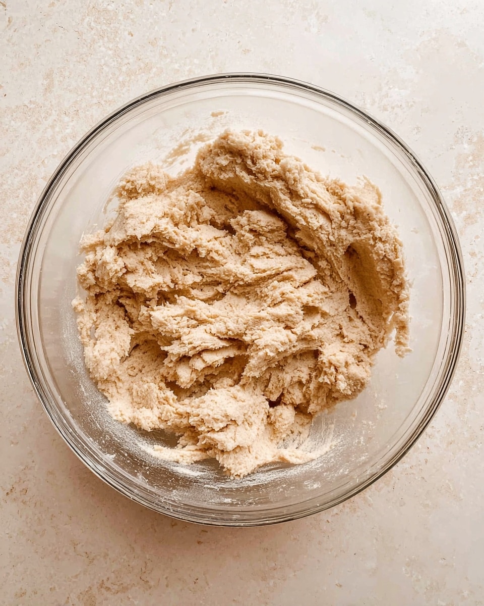 A clear glass bowl sits on a white marbled texture surface, filled with a thick, light brown dough mixture with a rough and soft texture. The dough is unevenly spread inside the bowl, with some of it clinging to the sides. The colors are mainly beige and light brown shades, showing the fluffy and dense texture of the dough. photo taken with an iphone --ar 4:5 --v 7