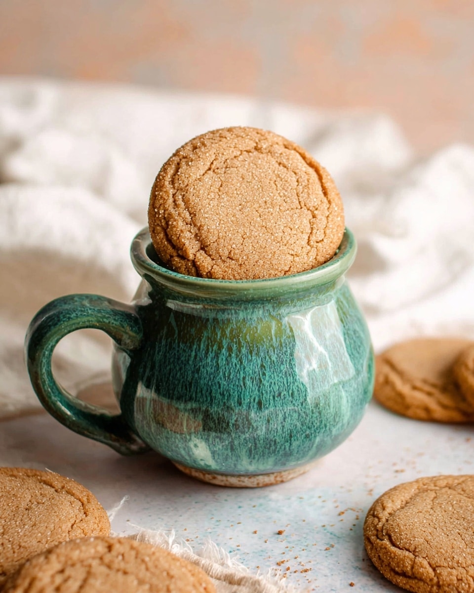 A round, light brown cookie with a slightly cracked surface sits balanced on the rim of a green ceramic mug with a textured, glossy finish. The mug has a thick curved handle to the left. Scattered around the mug are similar cookies, resting on a white marbled surface, some overlapping and one partially on a white cloth. The scene is softly lit, highlighting the crumbly texture of the cookies and the shiny glaze of the mug. photo taken with an iphone --ar 4:5 --v 7