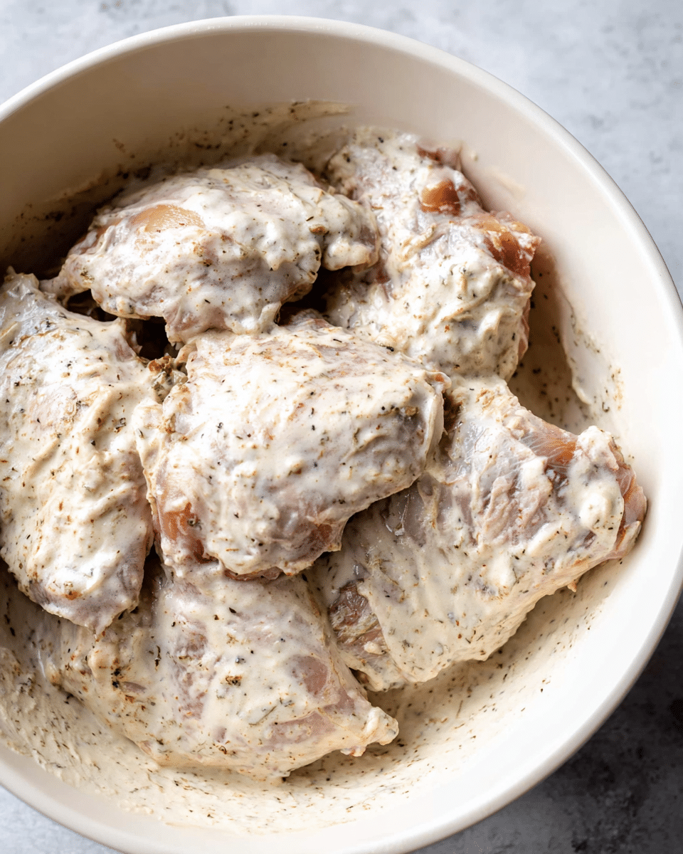 A white bowl filled with several pieces of raw chicken thighs, each covered in a thick, creamy white marinade with visible black and brown spices mixed throughout, creating a textured look. The chicken pieces are placed closely together, some partially overlapping, with the marinade unevenly spread, leaving bits of pink chicken skin and meat showing. The bowl sits on a white marbled surface. photo taken with an iphone --ar 4:5 --v 7