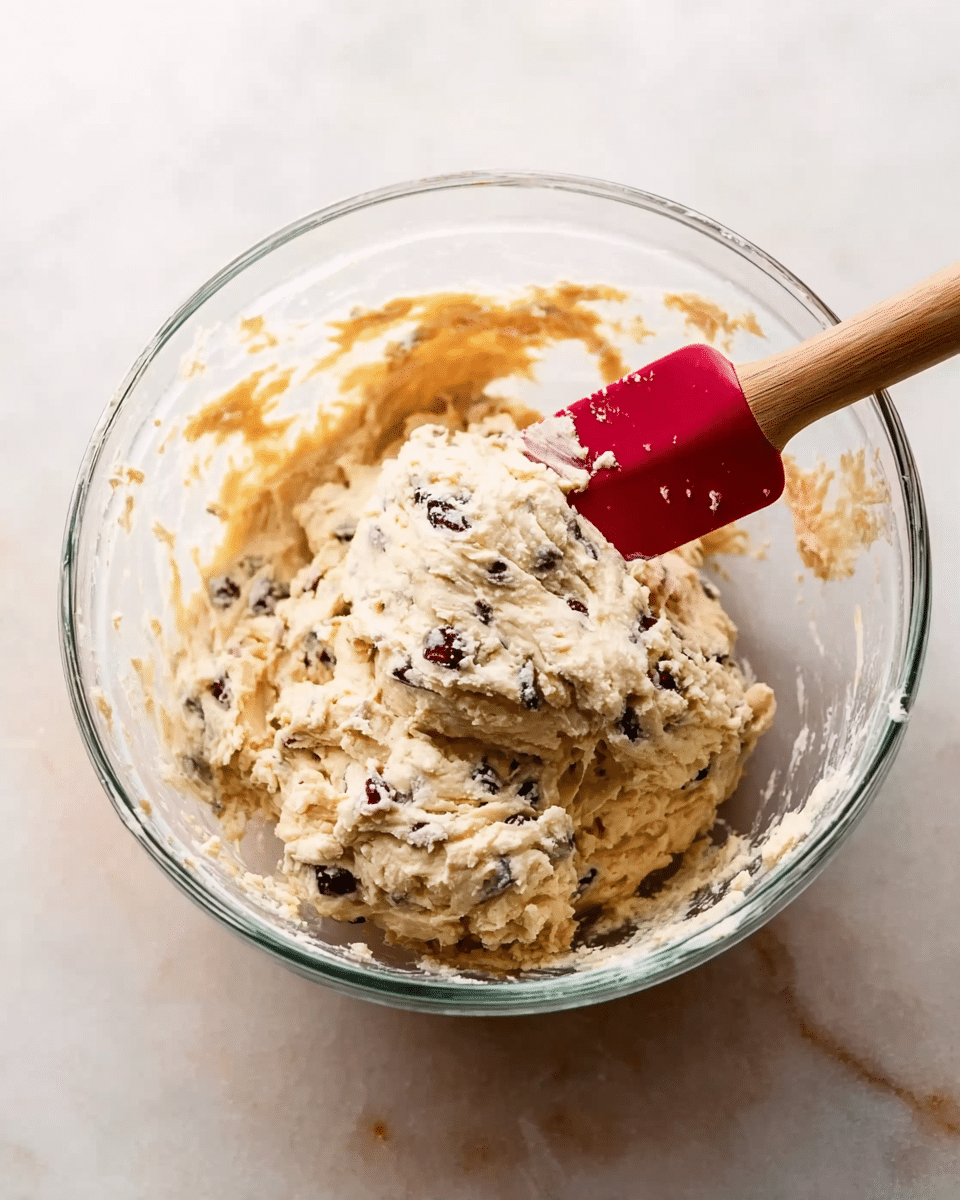 A clear glass bowl sits on a white marbled surface, filled with a thick, creamy dough that has a light beige color. Mixed throughout the dough are small dark bits, likely dried fruit or chocolate chips, creating a speckled effect. A red spatula with a wooden handle is partially inside the dough, with its flat edge visible and coated in some dough. The texture of the dough looks dense and slightly sticky, with smooth and rough spots where ingredients are mixed in. Photo taken with an iphone --ar 4:5 --v 7