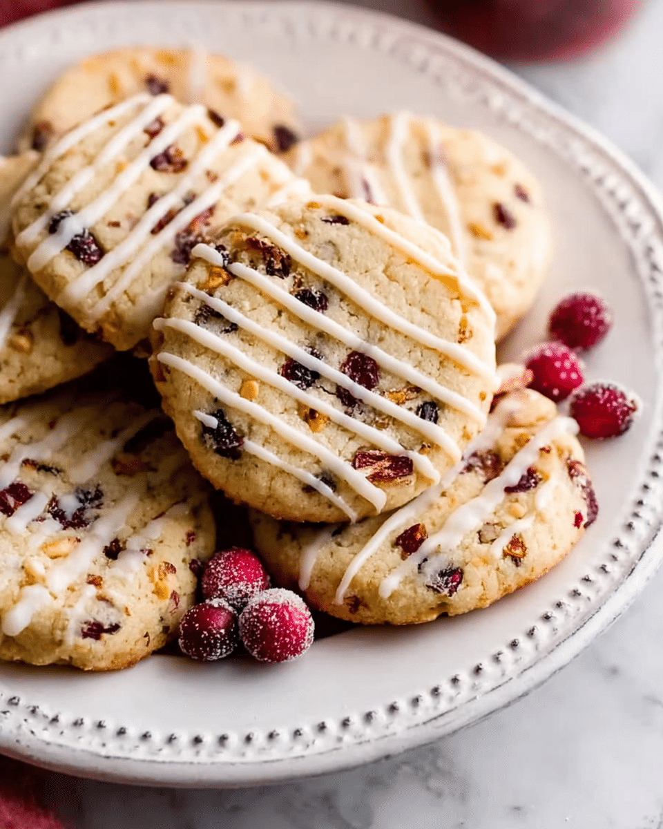The image shows round cookies with light golden color and a soft texture, dotted with small pieces of dried cranberries and nuts throughout. Each cookie is topped with thin white icing lines drizzled evenly across the surface. The cookies are piled on a white plate with a decorative edge, placed on a white marbled surface. Three bright red cranberries rest near the cookies on the plate, adding a pop of color. The scene is focused closely on the cookies, showing their texture and toppings clearly, photo taken with an iphone --ar 4:5 --v 7