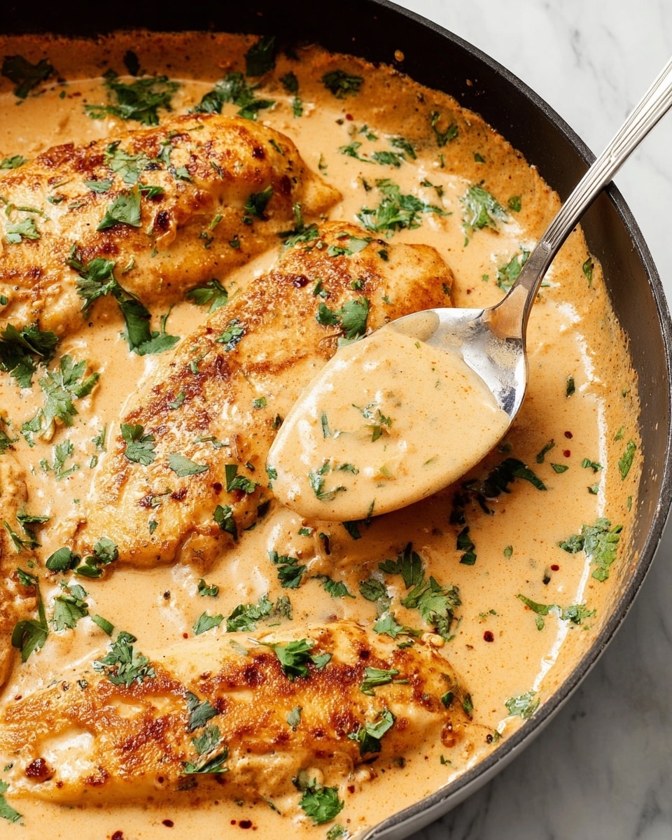 The image shows a close-up of four light golden-brown cooked fish fillets in a creamy light orange sauce inside a dark skillet. The sauce looks smooth and thick, with small specks of seasoning visible. Fresh green herbs are sprinkled on top of the fillets and sauce, adding a touch of contrast. A silver spoon is scooping some creamy sauce from the skillet, highlighting the sauce’s richness. The skillet is set on a white marbled surface. photo taken with an iphone --ar 4:5 --v 7