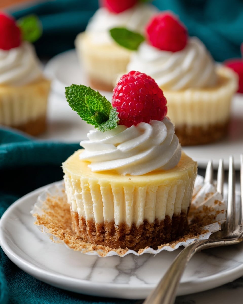 The image shows a close-up of a small cheesecake with three visible layers: a bottom layer of brown crumbly crust, a middle layer of smooth, pale yellow cheesecake, and a top layer of white, soft whipped cream swirled in a round shape. On top of the whipped cream sits a bright red raspberry and two fresh green mint leaves. The cheesecake is inside a fluted white paper cup that is partially peeled back. It is placed on a white plate with a silver fork resting beside it. The background includes blurred views of other cheesecakes on white plates and a dark teal fabric underneath everything, all resting on a white marbled surface. Photo taken with an iphone --ar 4:5 --v 7