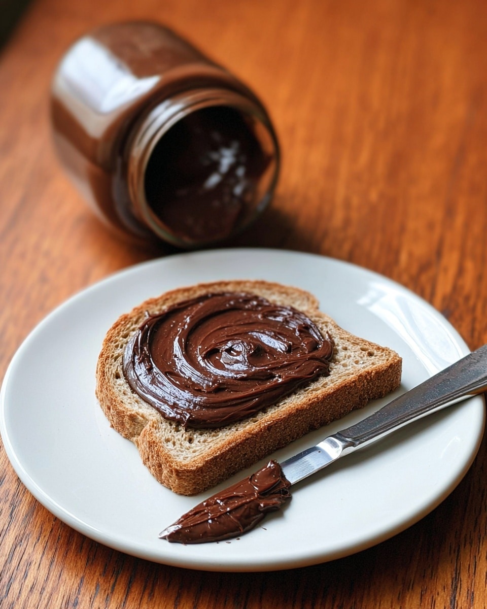 A single slice of brown bread sits on a white plate with a thick, smooth layer of dark chocolate spread evenly over the top. Next to the bread, a butter knife with a dollop of the same dark chocolate spread rests on the plate’s edge. Behind the plate, an open jar of chocolate spread lies on its side, revealing some chocolate inside. The scene is set on a wooden surface with a warm tone, and the photo is clear and well-lit. photo taken with an iphone --ar 4:5 --v 7