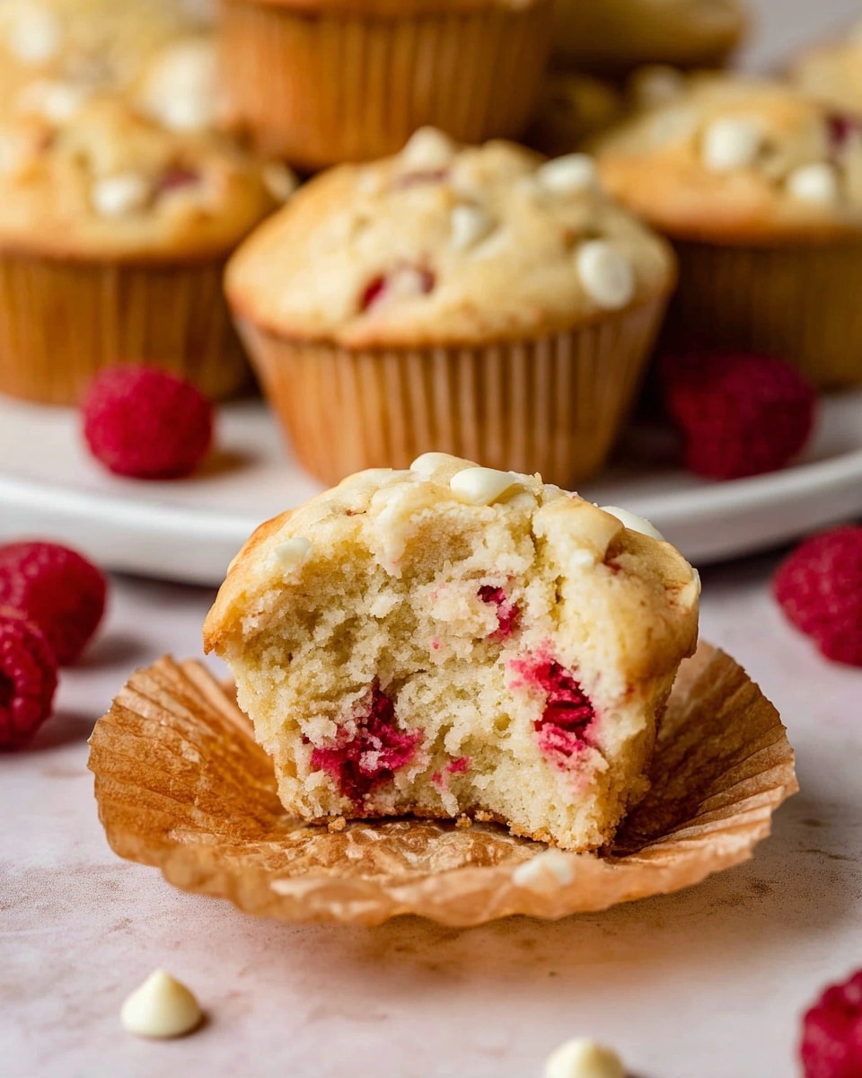 The image shows a close-up of a raspberry white chocolate muffin with a bite taken out of it, placed in a slightly open brown paper liner on a white marbled surface. The muffin has a light golden top with visible white chocolate chips and bright red raspberry pieces embedded in the soft, moist, pale yellow interior. In the background, there is a white plate holding several whole muffins with the same golden tops, all sitting on the white marbled surface, with a few fresh raspberries and white chocolate chips scattered around for decoration. The focus is mainly on the bitten muffin in the foreground, highlighting its fluffy texture and colorful ingredients. photo taken with an iphone --ar 4:5 --v 7
