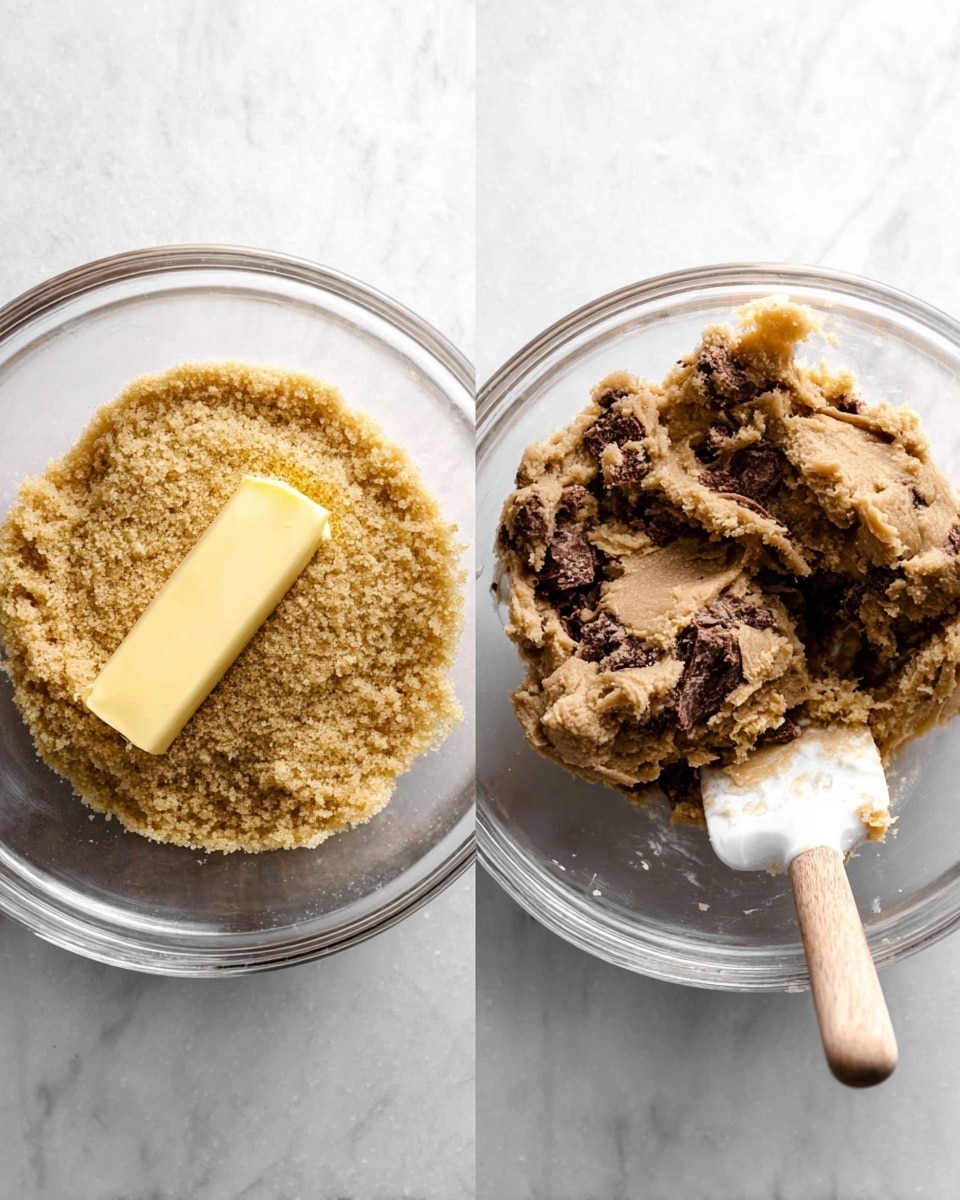 Two glass bowls sit side by side on a white marbled surface. The bowl on the left has one layer of golden brown sugar with a yellow stick of butter resting on top, soft and slightly melted. The bowl on the right shows a mixture with two layers: a light brown thick dough with dark chocolate pieces mixed inside, partially scraped by a white spatula with a light wooden handle, leaving some dough stuck on the sides. photo taken with an iphone --ar 4:5 --v 7