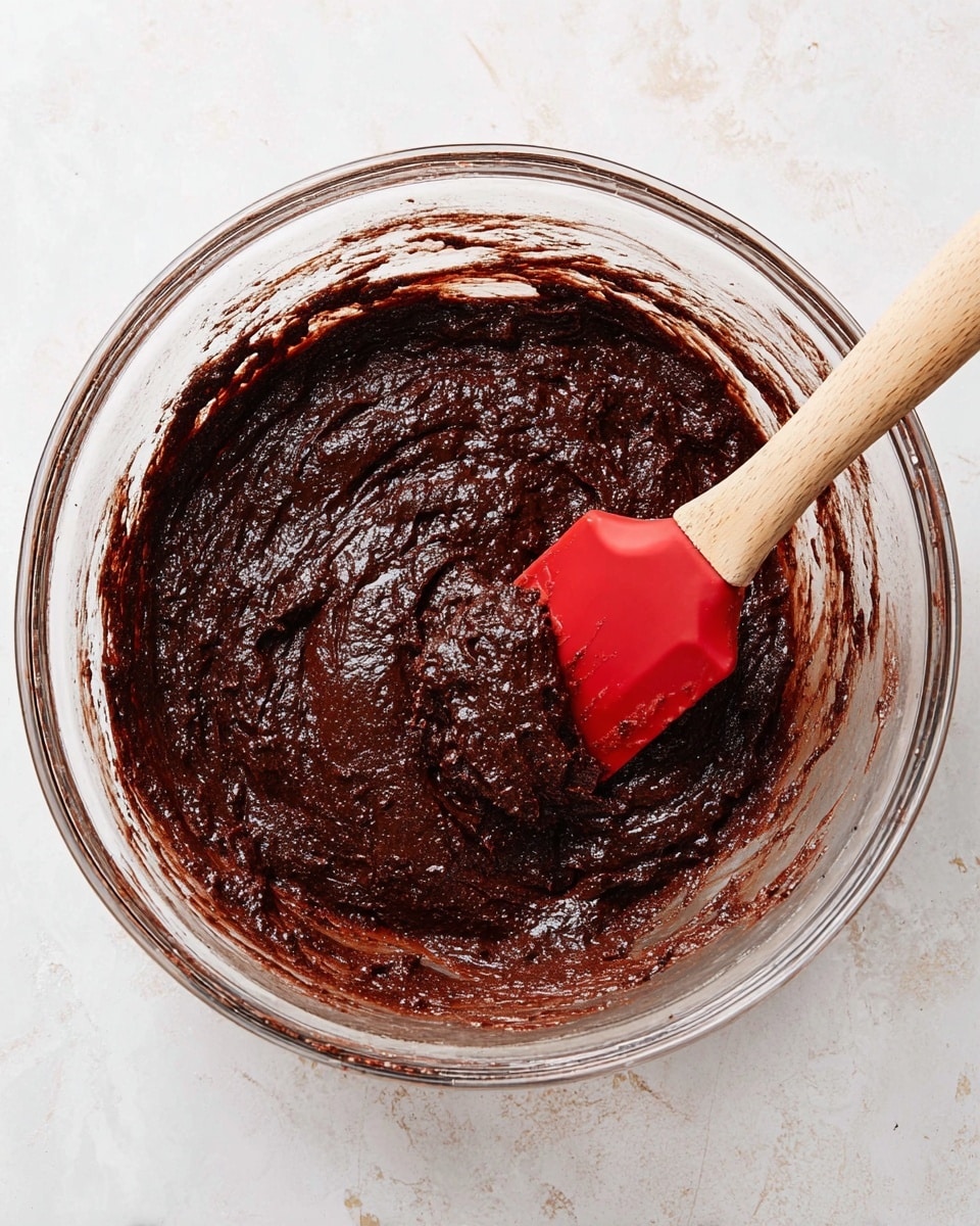 A clear glass bowl is filled with thick, dark brown chocolate batter that looks rich and slightly chunky in texture. A red spatula with a light wooden handle is resting inside the bowl, partially covered in the batter. The bowl sits on a white marbled surface with some batter smudges around the edges of the bowl. The photo focuses closely on the bowl and the batter inside, showing the glossy and moist quality of the mixture. photo taken with an iphone --ar 4:5 --v 7
