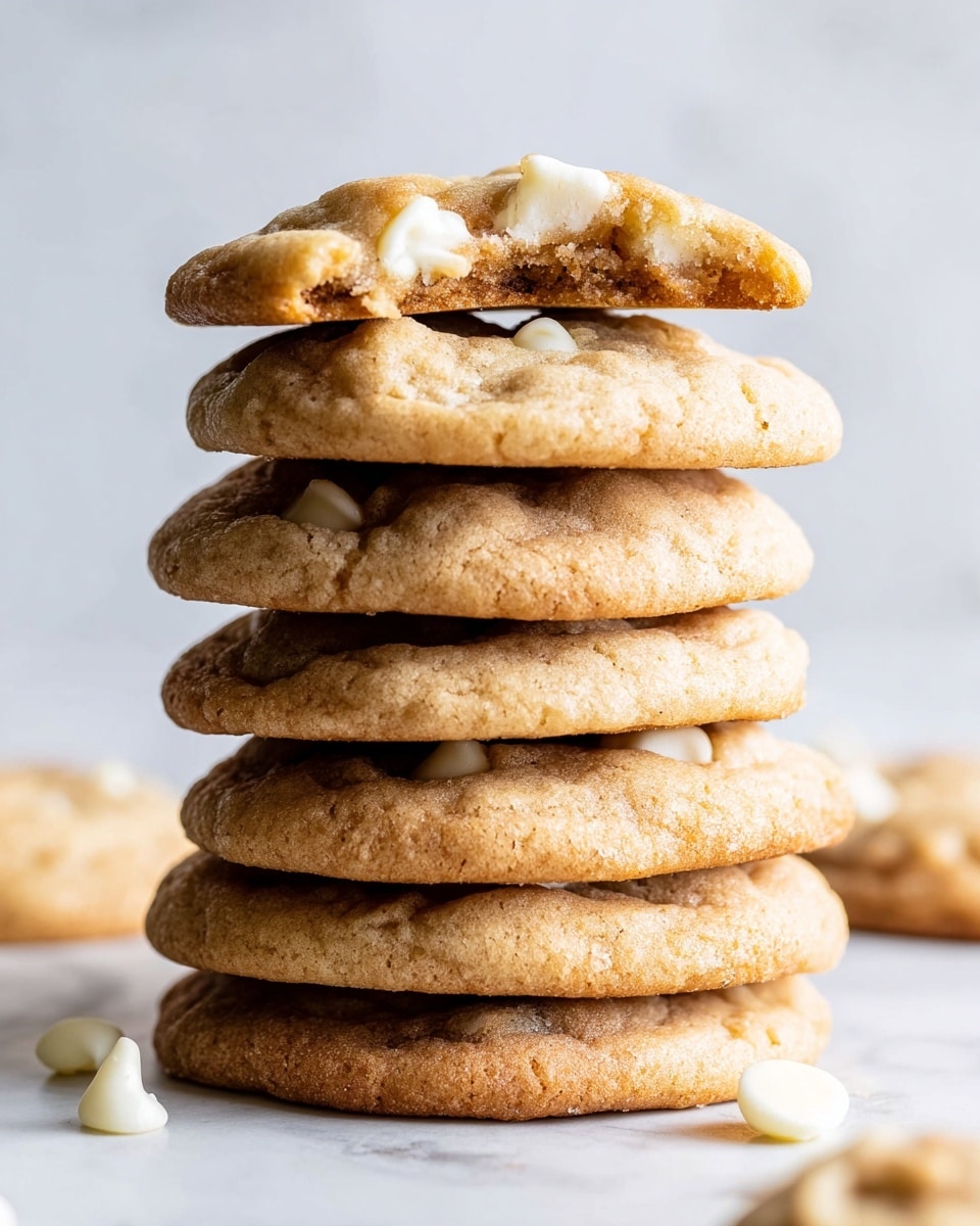 A tall stack of six round cookies with a light brown color, each cookie showing a soft, slightly cracked surface with visible white chocolate chips baked inside. The top cookie is partially broken, revealing a crumbly inner texture. The stack stands on a clean white marbled surface, with a few white chocolate chips scattered around. The background is simple and blurred, focusing attention on the cookies themselves. photo taken with an iphone --ar 4:5 --v 7