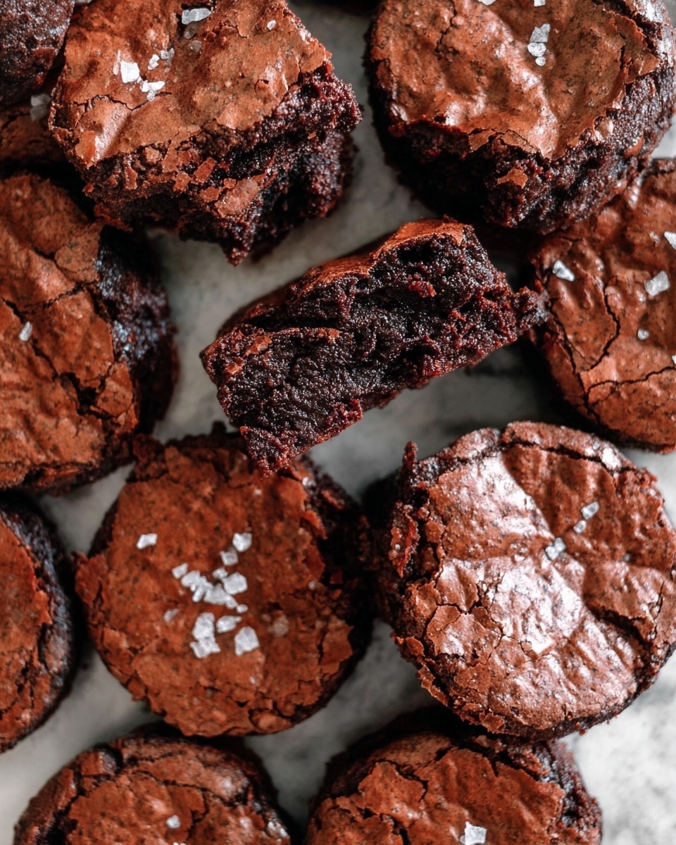 The image shows many round, dark brown chocolate brownies with cracked tops and a shiny texture. Some brownies have small white flakes sprinkled on top. One brownie is broken in half to show its dense and rich inside, which is darker and rougher in texture. The brownies are placed closely together on a white marbled surface. photo taken with an iphone --ar 4:5 --v 7