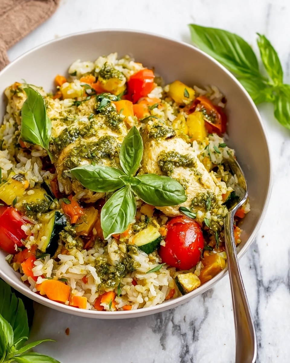 A white bowl filled with a colorful mix of rice, vegetables, and chicken. The bottom layer is white rice mixed with small pieces of orange carrot and green herbs. Scattered throughout are bright red cherry tomatoes and chunks of green zucchini and yellow bell pepper. On top, there are two pieces of cooked chicken with a green pesto sauce drizzled over them. Fresh green basil leaves are placed on the chicken and around the dish. A silver fork rests in the bowl, and the scene is set on a white marbled surface with some green basil leaves nearby. Photo taken with an iphone --ar 4:5 --v 7