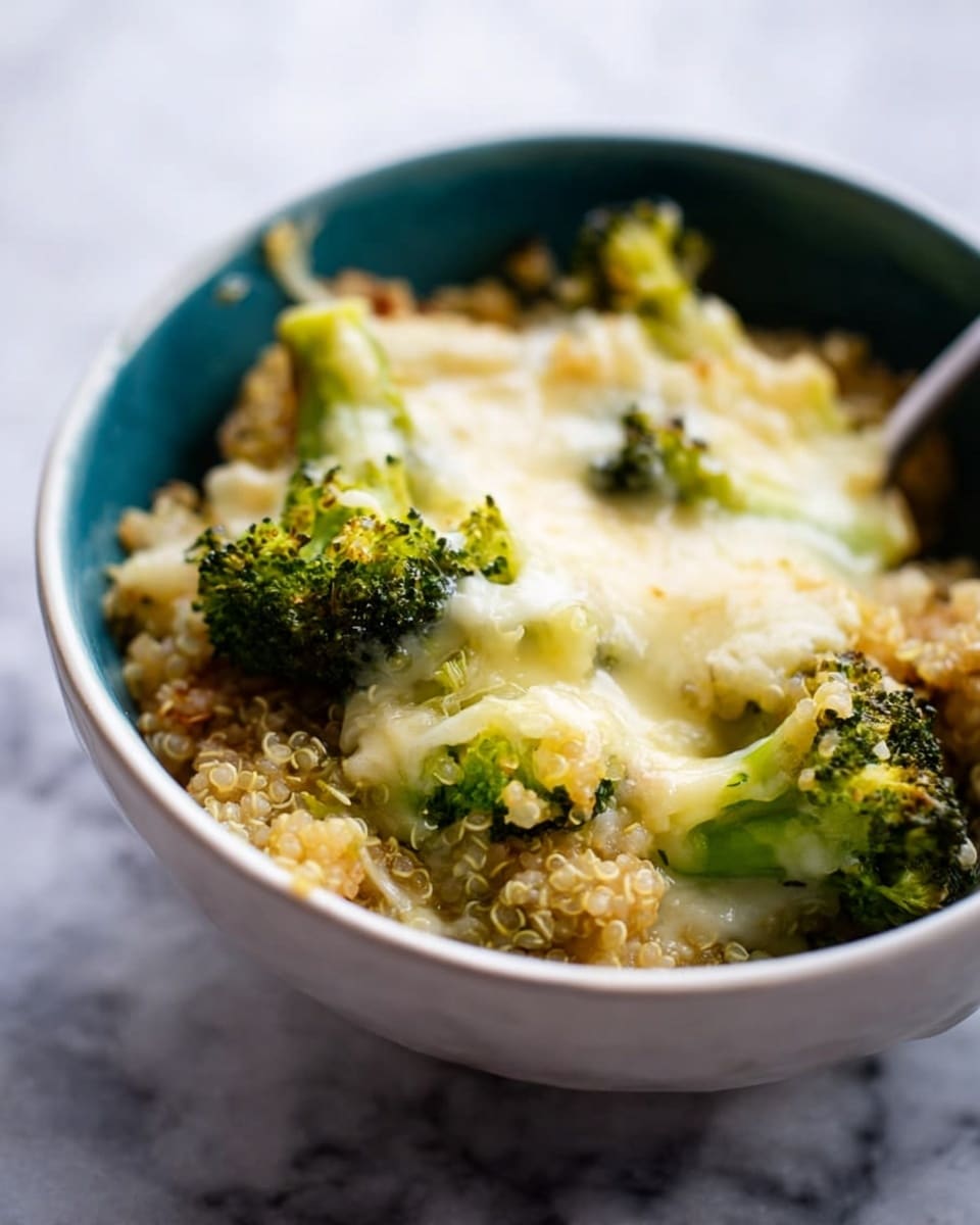 A close-up of a white bowl filled with a dish that has three main layers: the bottom layer is light tan and looks like cooked quinoa or grains with a slightly rough texture, the middle layer includes green broccoli florets scattered unevenly, and the top layer is melted white cheese bubbling softly over the broccoli and grains. A woman's hand is holding a black spoon inside the bowl, slightly blurred, the bowl sits on a white marbled surface. photo taken with an iphone --ar 4:5 --v 7