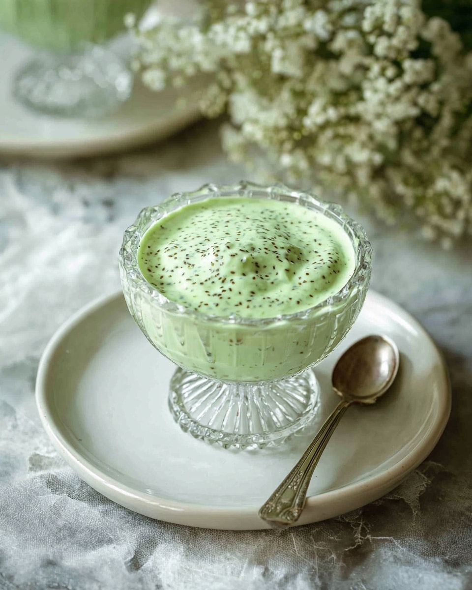 A clear glass bowl with scalloped edges and a textured base holds a creamy light green pudding layer with tiny dark green seeds spread evenly throughout. The bowl sits in the middle of a round white plate, and a small vintage silver spoon with a detailed handle rests beside it on the plate. The background shows soft white flowers and a white marbled surface, with part of a second glass bowl faintly visible in the top left corner. photo taken with an iphone --ar 4:5 --v 7