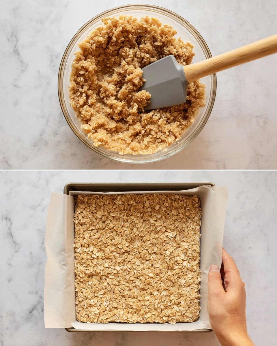 The image shows two parts: the top part is a clear glass bowl filled with a crumbly oat mixture that is light brown and chunky in texture. Inside the bowl is a spatula with a light wooden handle and a gray silicone head, resting on the oat mixture. The bottom part shows a square white baking pan lined with white parchment paper, filled with the same oat mixture pressed down evenly, showing visible oat flakes. A woman's hand holds the spatula pressing the mixture flat inside the pan. The background is a white marbled texture. photo taken with an iphone --ar 4:5 --v 7