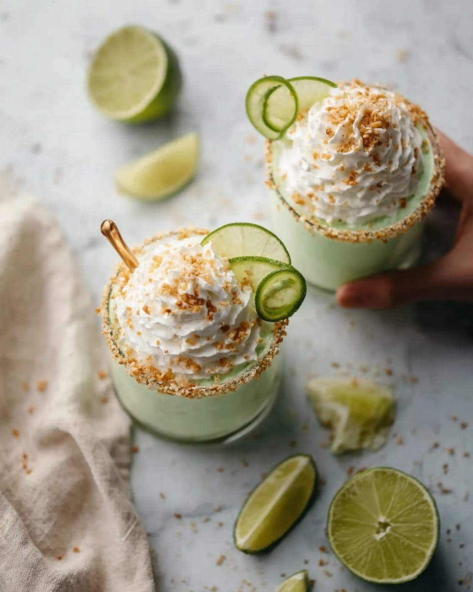 Coconut Key Lime Pie Smoothie Recipe 5 Two clear glasses sit on a white marbled surface, each filled with a creamy green drink. The drinks have a thick layer of whipped cream on top, sprinkled with small brown toasted bits. Each glass is rimmed with a coarse light brown sugar or salt-like coating. A thin slice of lime curls delicately on the whipped cream. One glass is being held by a woman's hand. Nearby are lime halves and wedges scattered on the white marble, adding a fresh look, with a beige cloth partially visible at the edge. photo taken with an iphone --ar 4:5 --v 7