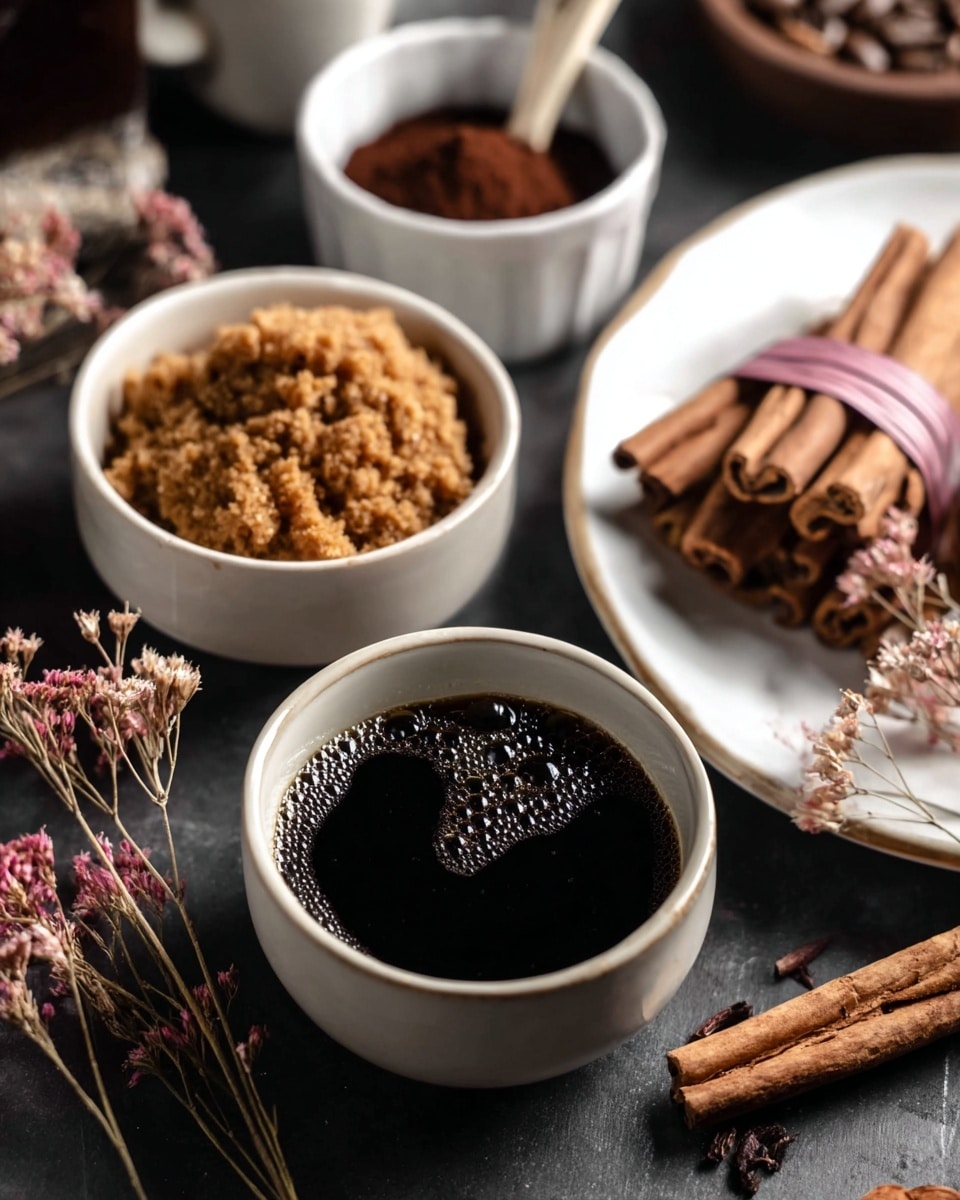 The image shows a close-up of several small white bowls and a white plate arranged on a dark surface. The front bowl is filled with black coffee, dark and shiny with a few small bubbles on top. Behind it, there is a second white bowl filled with a rough, crumbly light brown ingredient, possibly brown sugar. Next to it, a smaller bowl holds a fine dark brown powder, likely cocoa or coffee. On the white plate to the right, many cinnamon sticks are lined up and secured with a pink leather strap, accompanied by small dried flowers in soft pink and beige tones. The background contains blurred elements such as a cinnamon stick and a white cup filled with coffee beans. The whole scene is set on a dark surface with a soft light coming from the side, highlighting the textures clearly. photo taken with an iphone --ar 4:5 --v 7