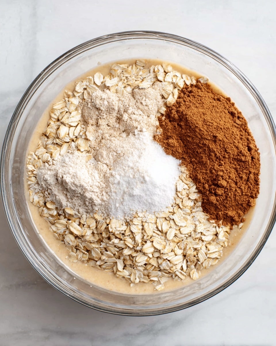 A transparent glass bowl is shown from above, placed on a white marbled surface. Inside the bowl, there is a liquid beige batter base filling most of the bowl, topped with separate layers of ingredients: on the lower half, there are light tan rolled oats with a rough texture, on the upper right side, a thick layer of brown cinnamon powder, on the upper left side, a smaller layer of white baking powder, and a thin strip of white salt near the cinnamon. Each ingredient layer is clearly visible and not mixed yet. Photo taken with an iphone --ar 4:5 --v 7