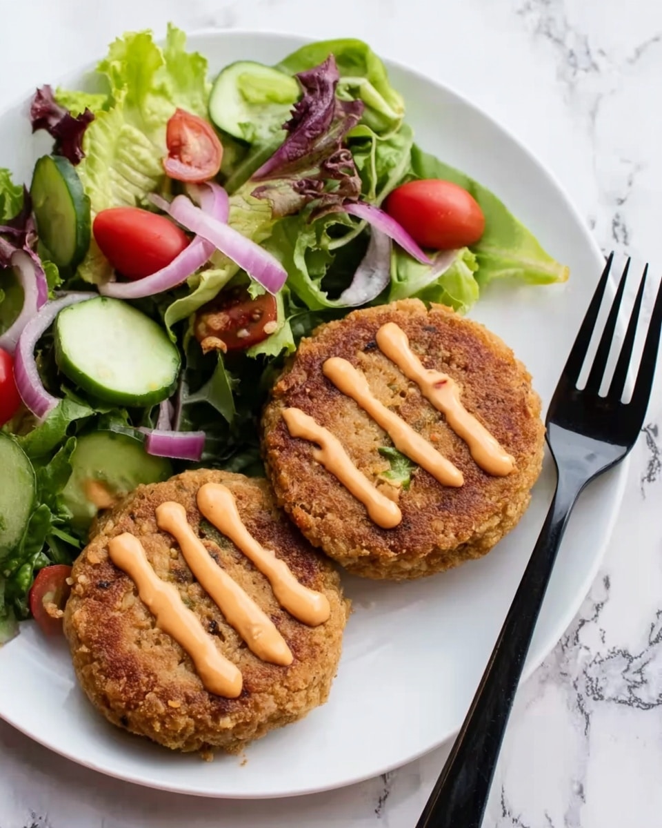 The image shows two round, golden-brown patties with a slightly crispy texture, laid side by side on a white plate. Each patty is topped with thin, zigzag lines of light orange sauce. On the left side of the plate, there is a fresh mixed salad with vibrant green and purple leafy greens, bright red cherry tomato halves, thin rings of purple onion, and slices of pale green cucumber. A black fork rests on the right edge of the plate. The background is a white marbled surface. photo taken with an iphone --ar 4:5 --v 7