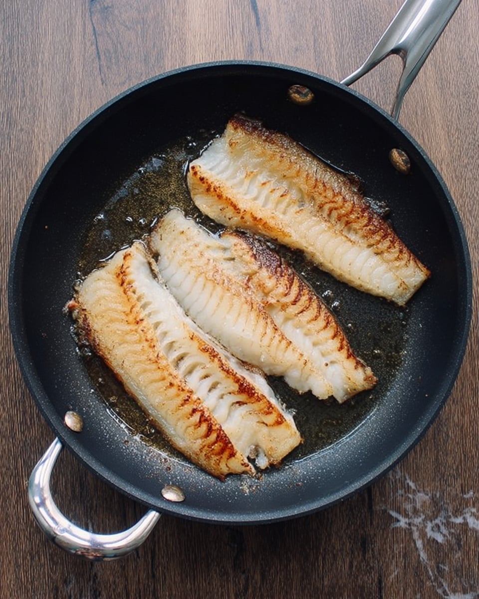 A black frying pan with a silver handle holding three pieces of light golden brown fish fillets frying in oil. The fillets have a slightly crispy texture with some darker grill marks and look tender and juicy. The pan is placed on a white marbled surface that contrasts with the dark pan. photo taken with an iphone --ar 4:5 --v 7