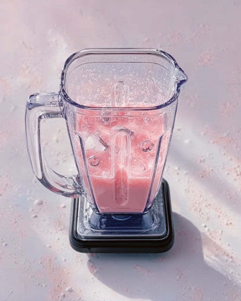 A clear blender with a visible handle filled with a pink drink that has bubbles on the surface and ice chunks inside. The blender is on a black base, and the entire setup is placed on a white marbled surface with soft shadows around. The blender jar shows clear plastic texture and reflection. Photo taken with an iphone --ar 4:5 --v 7