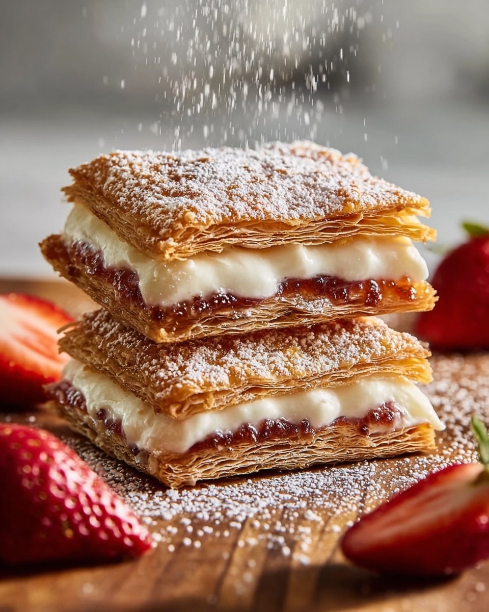 Two square puff pastry pieces are stacked, each with three main layers: a golden-brown crispy top layer with a rough texture, a middle layer of white creamy filling, and a bottom layer of caramelized brown filling. Powdered sugar is falling over and dusted on the pastries and the wooden surface beneath. Around the pastries, there are cut halves of red strawberries. The background is blurred with soft tones, and the whole setup is on a white marbled texture. photo taken with an iphone --ar 4:5 --v 7