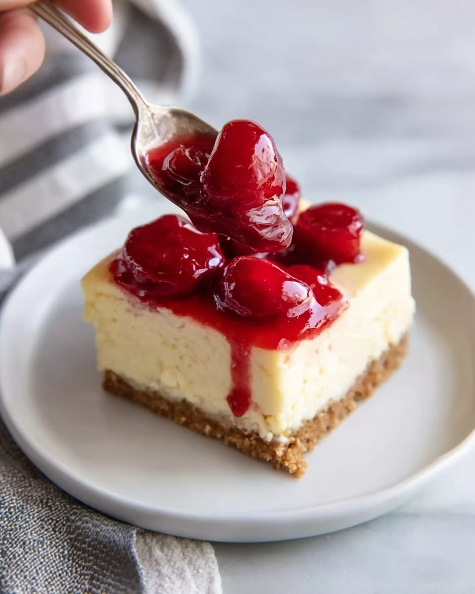 A square piece of cheesecake with three layers is shown on a white plate. The bottom layer is light brown and crumbly, serving as the crust. The middle layer is thick, creamy, and pale yellow, making up most of the cake. The top layer is bright red cherry sauce with whole cherries, glossy and smooth, slightly dripping over the edges. A spoon is pulling a part of the cherry topping and cheesecake, held by a woman's hand. The background is a white marbled surface with a part of a gray and white striped cloth visible. Photo taken with an iphone --ar 4:5 --v 7