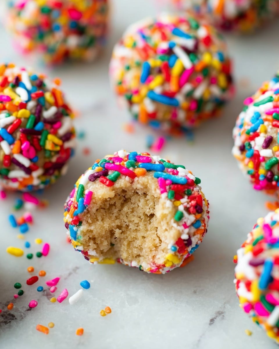 A close-up view of small dough balls covered in colorful sprinkles, showing one dough ball bitten into to reveal a light brown, slightly grainy texture inside. Each dough ball is round with a soft and thick layer of multicolored small round and elongated sprinkles on the outside. The dough balls are placed on a white marbled surface with some sprinkles scattered around. Photo taken with an iphone --ar 4:5 --v 7