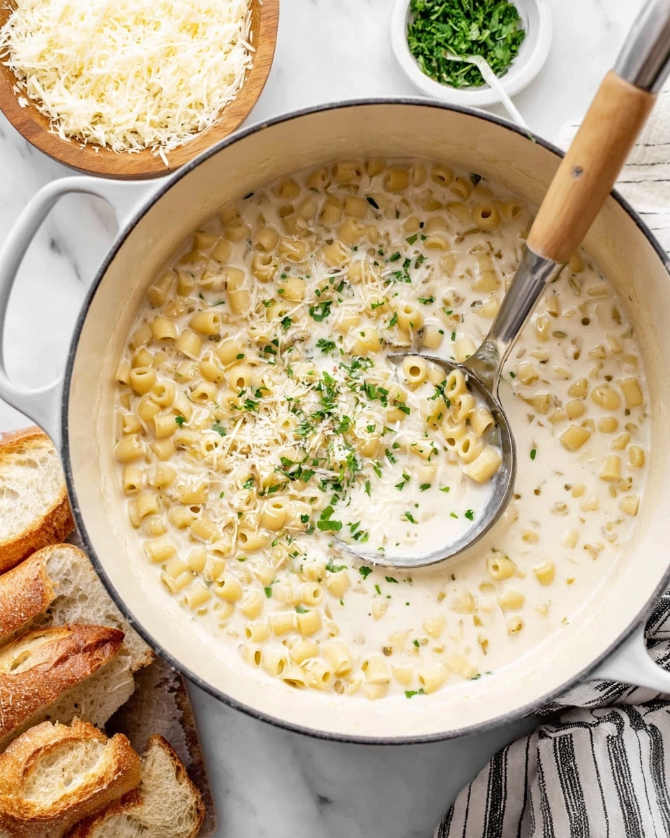 A large white pot filled with creamy white soup, mixed with small pale yellow pasta tubes spread evenly throughout. On top of the soup, there is a sprinkle of green chopped herbs and finely grated white cheese in the center. A metal ladle with a wooden handle rests inside the pot, scooping some of the soup and pasta. Around the pot, there is a white marbled surface with a wooden bowl of grated cheese and a small white bowl of green herbs. At the bottom left, slices of bread rest on the surface next to a striped cloth. Photo taken with an iphone --ar 4:5 --v 7