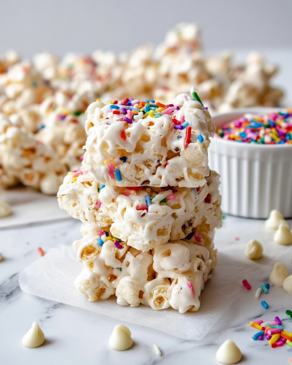 The image shows a stack of three square popcorn treats covered in a creamy white coating, with colorful small round and rod-shaped sprinkles scattered throughout the coating and on the surface. The popcorn clusters are closely packed and textured with visible popcorn pieces. Around the stack, there are extra popcorn pieces and white chocolate chips scattered on a white marbled surface. On the right side, a small white bowl is filled with more colorful sprinkles. The whole scene is bright and clean with focus on the creamy popcorn treats and vibrant sprinkles. Photo taken with an iphone --ar 4:5 --v 7