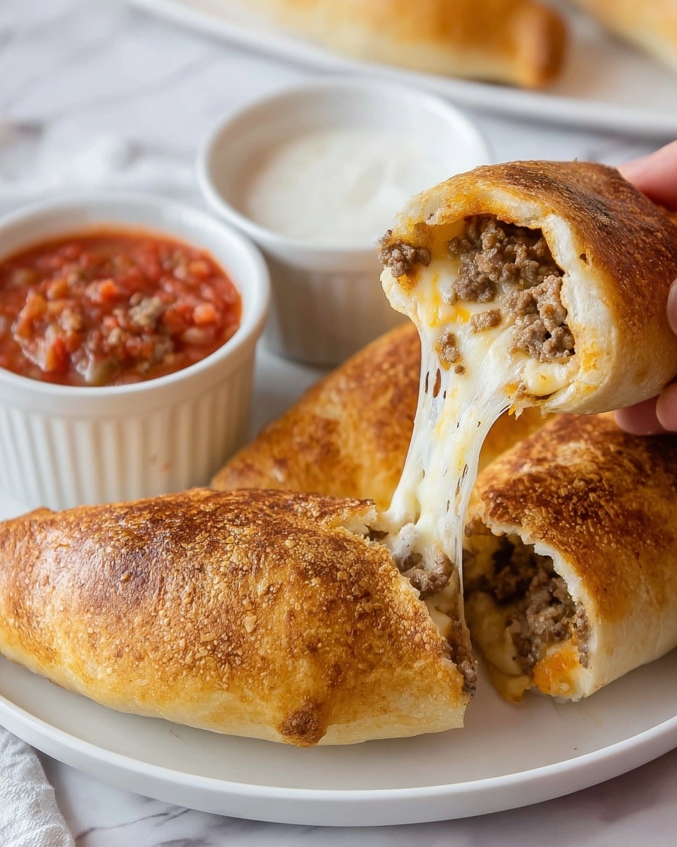The image shows a close-up of a white plate on a white marbled surface holding two bakery rolls stuffed with a filling of cooked ground meat and melted cheese. One roll lays whole on the plate with a golden-brown crispy crust, while the other is split open, held by a woman’s hand, revealing the stringy melted cheese stretching between the two halves and mixed with the finely crumbled meat inside. Behind the rolls, two small white bowls sit on the plate; one is filled with chunky red salsa sauce with visible bits of tomato and pepper, while the other holds white sauce that looks creamy and smooth. The scene is bright and focused to highlight the texture contrast between the crust, the melted cheese, and the sauce in bowls photo taken with an iphone --ar 4:5 --v 7