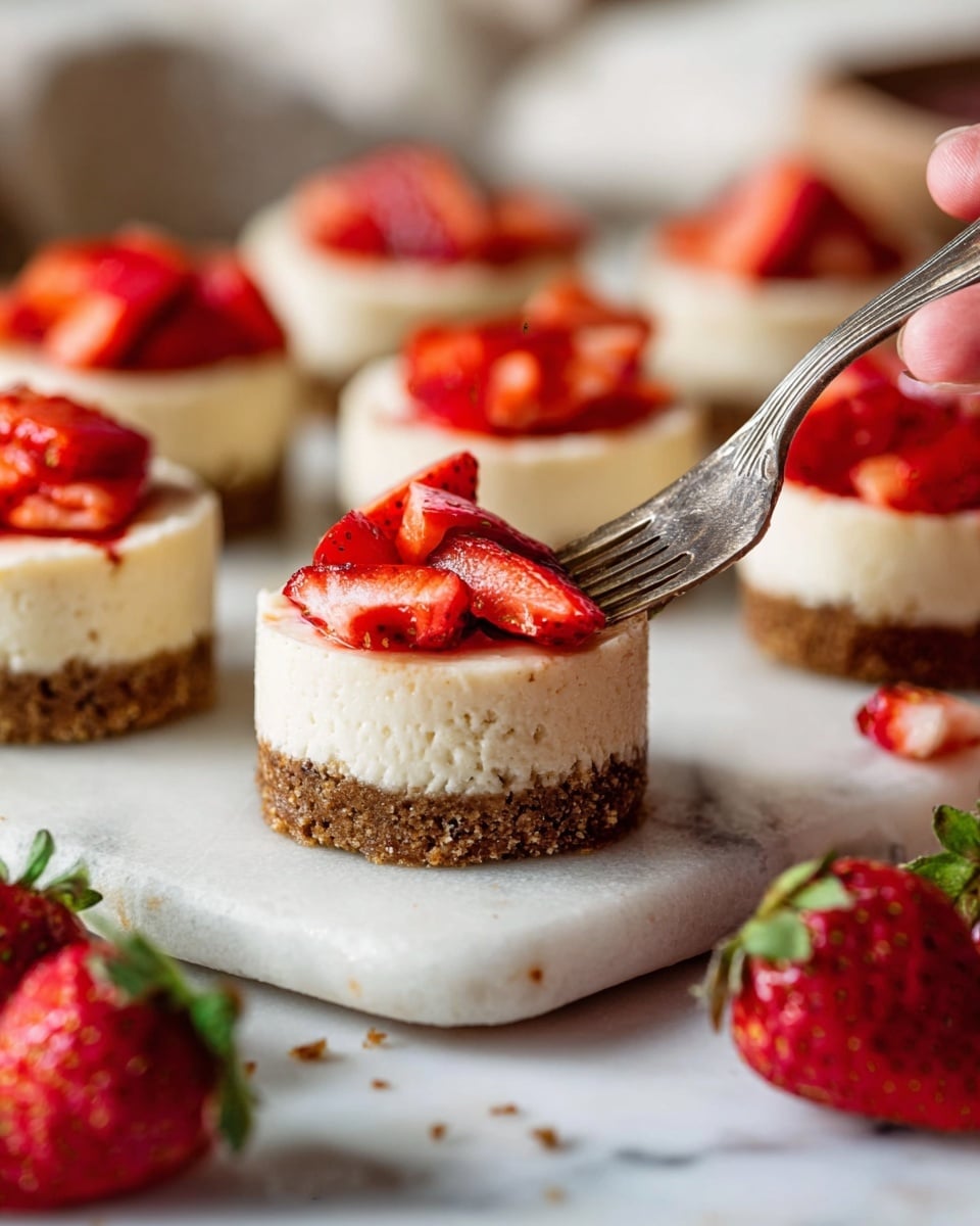 The image shows several small round cheesecakes with two clear layers: a brown crumbly base on the bottom and a thick creamy white cheesecake layer on top. Each cheesecake is topped with bright red sliced strawberries. One cheesecake in the center is being slightly lifted by a silver fork with a woman's hand holding it from the right side. The cheesecakes sit on a white marbled surface with some whole strawberries scattered around. The background is softly blurred, focusing attention on the front cheesecakes and their vibrant colors. photo taken with an iphone --ar 4:5 --v 7