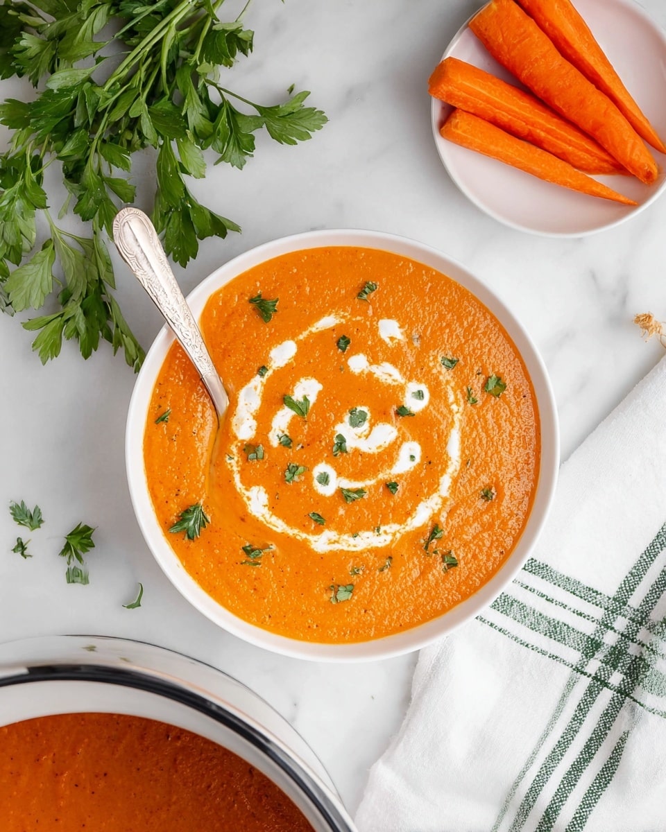 A white bowl filled with smooth orange soup, topped with a swirl of white cream and small green herb pieces scattered on top, with a silver spoon resting inside the bowl on the left side. Above the bowl, there is a smaller white bowl holding three thick orange carrot sticks. Around the bowls, there are fresh green herb leaves to the left and a white cloth with green stripes on the bottom right, all set on a white marbled surface. A part of a white slow cooker with orange soup inside is visible in the upper right corner. photo taken with an iphone --ar 4:5 --v 7