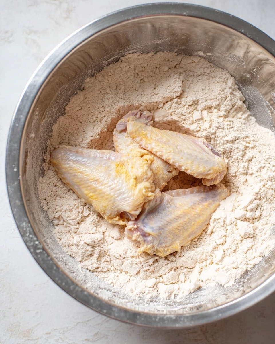 A metal mixing bowl filled with a thick layer of pale beige seasoned flour. On top of the flour lie two raw, uncooked chicken wings with light yellowish skin and a slightly shiny texture. The flour surrounds the chicken wings evenly, with some powder sticking lightly to the surface of the wings. The bowl sits on a white marbled textured surface. photo taken with an iphone --ar 4:5 --v 7