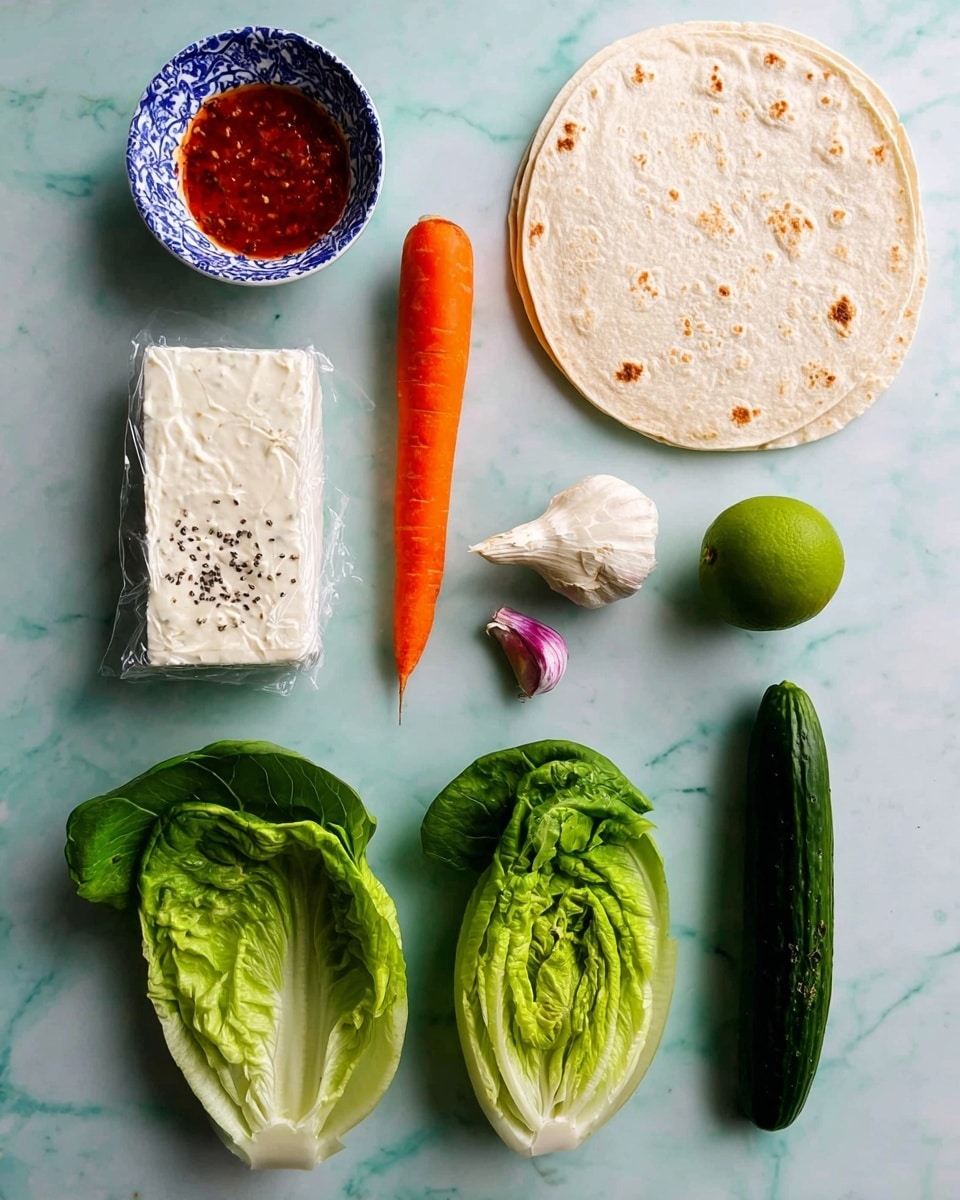 The image shows the ingredients for a fresh wrap or salad on a white marbled surface. At the top right, there is a stack of light beige round tortillas with slightly wrinkled texture. Below the tortillas is a white bowl filled with a creamy white spread with a smooth surface. Near the center left, there is a whole bright orange carrot, a green lime, and a small peeled garlic clove with purple skin. At the bottom center, two halves of fresh dark green romaine lettuce leaves are placed side by side showing leafy texture. To the left, a block of white cheese with black pepper specks is wrapped in plastic. At the bottom right, there is a long dark green cucumber with a slightly bumpy surface. At the top left corner, a small white bowl with a blue patterned rim holds red sauce with visible small seeds. photo taken with an iphone --ar 4:5 --v 7