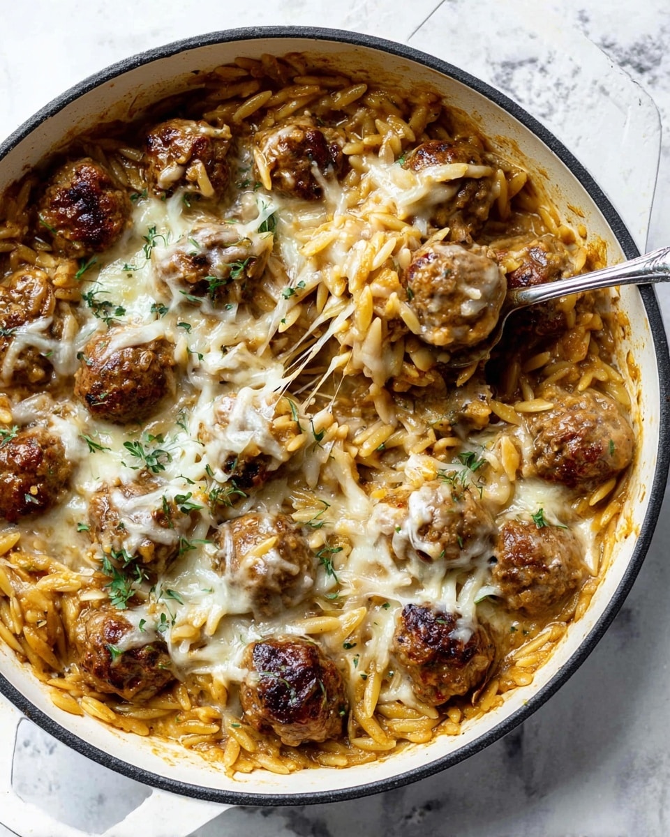 A round white skillet holds a saucy mix of small brown meatballs and orzo pasta in a light brown sauce. The dish has melted stringy white cheese scattered on top and between the meatballs, with some fresh green herb sprigs sprinkled over for color. The orzo is soft and coated in the sauce, filling the skillet evenly. A spoon lifts a few meatballs with cheese stretching between them. The skillet sits on a white marbled textured surface. Photo taken with an iphone --ar 4:5 --v 7